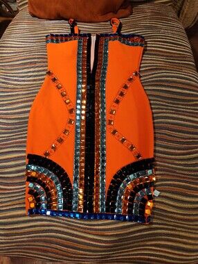 Embellished Orange Mini Dress with Mirror Trim